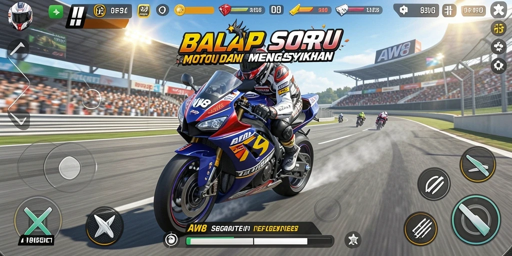 Screenshot menampilkan aksi balap motor yang mendebarkan.