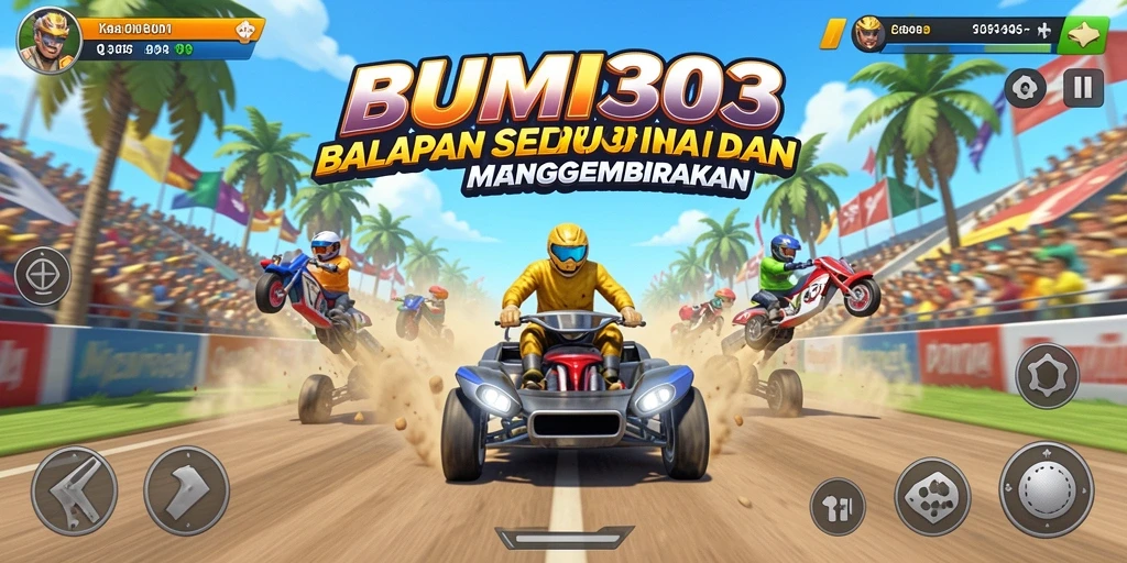 Tampilan gameplay BUMI303 dengan mobil balap yang melaju kencang.
