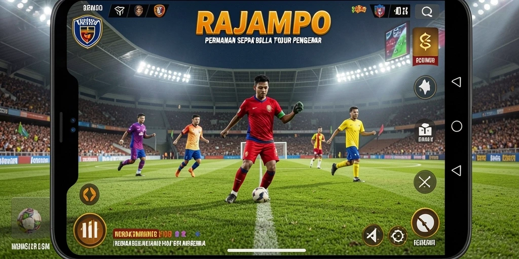 Screenshot gameplay RAJAMPO menampilkan aksi sepak bola yang mendebarkan.