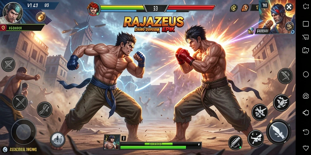 Screenshot utama RAJAZEUS menampilkan aksi pertarungan yang intens.