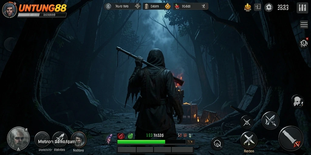 Screenshot gameplay UNTUNG88 menampilkan momen menakutkan dengan makhluk mengerikan.